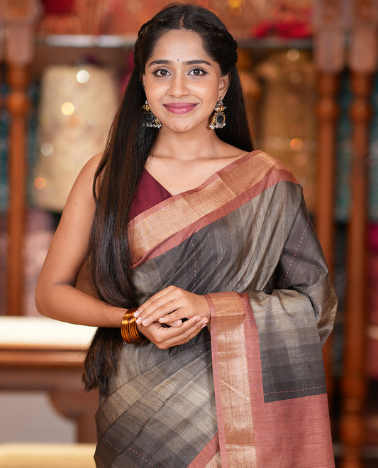 Dark Grey Striped Art Tussar Saree, a Contrast Zari Border, Floral Printed Pallu, and a Contrast Blouse