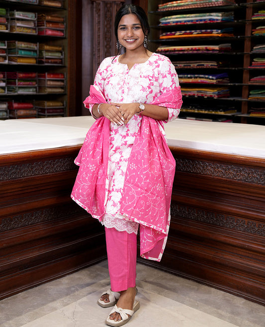 Pink cotton chudidar material set,floral print with daman floral neck embroidery top,plain bottom & floral jaal embroidery dupatta