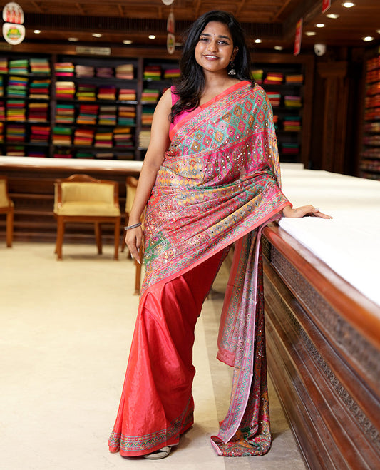 Fanta orange half-&-half colorful geometric printed & mirror embroidered masakali saree, printed border & pallu, plain blouse