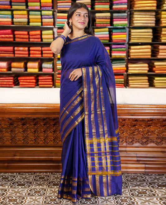 Blue Plain Chettinad Cotton Saree, Highlighted By Traditional Zari Designs Woven Border, Subtly Striped Pallu, and Paired with a Matching Blouse