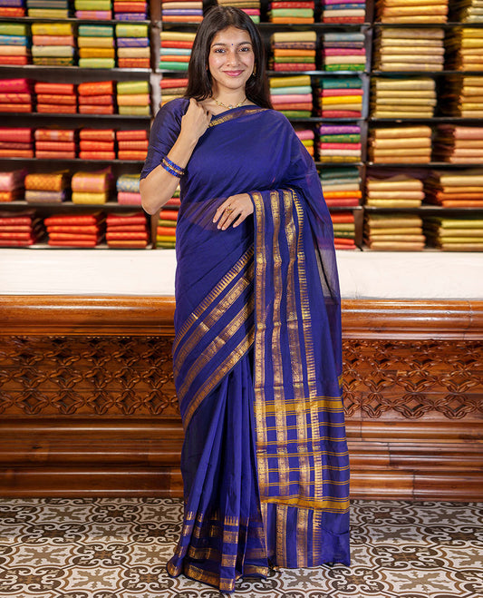 Blue Plain Chettinad Cotton Saree, Highlighted By Traditional Zari Designs Woven Border, Subtly Striped Pallu, and Paired with a Matching Blouse