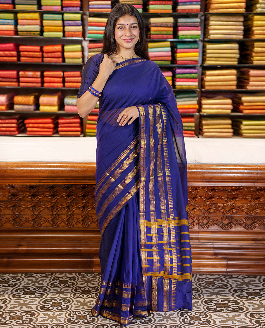 Blue Plain Chettinad Cotton Saree, Highlighted By Traditional Zari Designs Woven Border, Subtly Striped Pallu, and Paired with a Matching Blouse