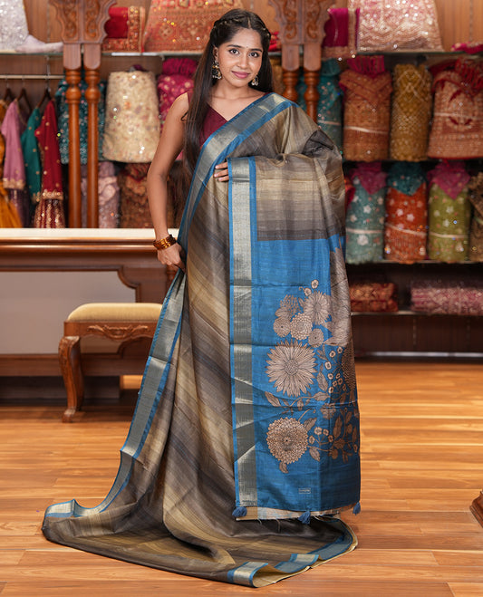 Olive Green Lavender Striped Art Tussar Saree, a Contrast Zari Border, Floral Printed Pallu, and a Contrast Blouse