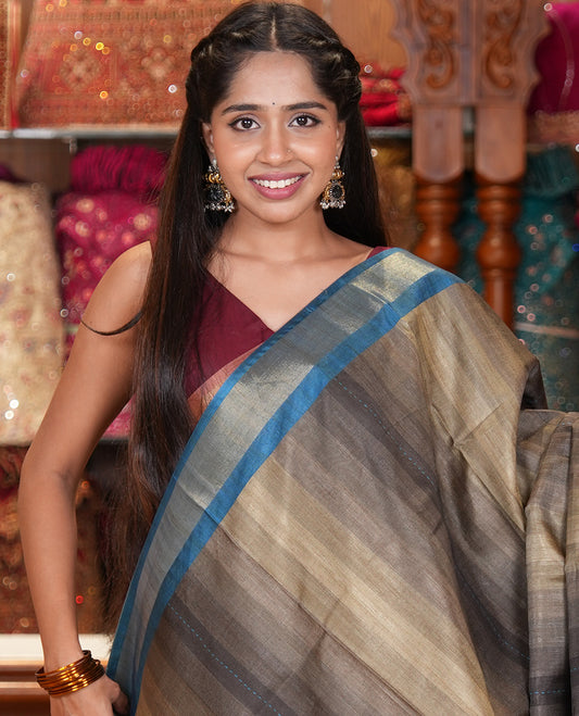 Olive Green Lavender Striped Art Tussar Saree, a Contrast Zari Border, Floral Printed Pallu, and a Contrast Blouse