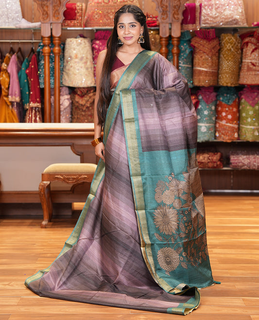 Dusky Lavender Striped Art Tussar Saree, a Contrast Zari Border, Floral Printed Pallu, and a Contrast Blouse