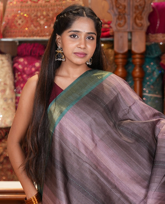 Dusky Lavender Striped Art Tussar Saree, a Contrast Zari Border, Floral Printed Pallu, and a Contrast Blouse