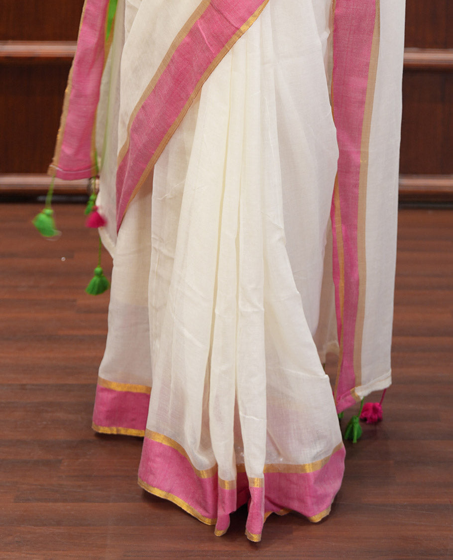Cream Plain Khadi Mul Cotton Saree, Complemented by Contrast Pink and Green Border, a Self-Pallu, and Has No Blouse