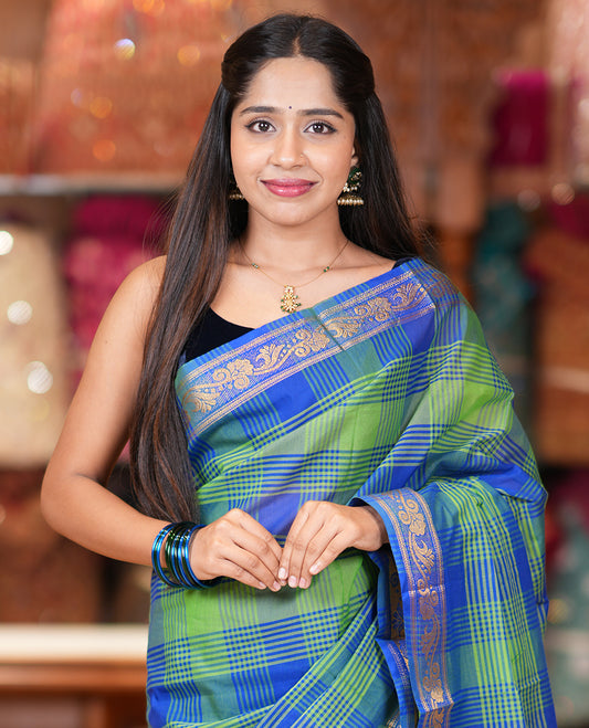 Green-Checked Chettinad Cotton Saree, a Floral Creeper Border, a Checked Pallu, and No Blouse