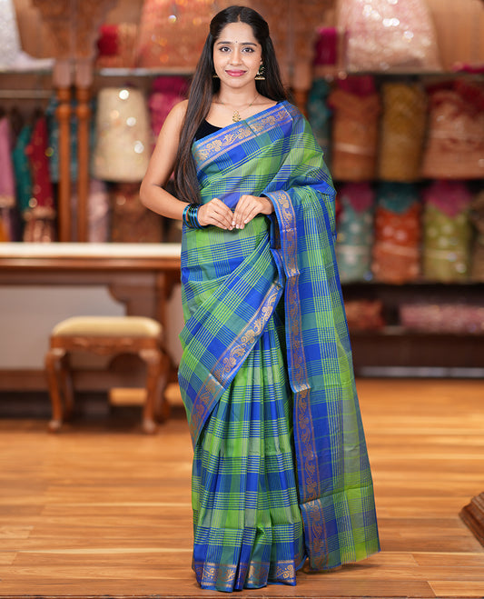 Green-Checked Chettinad Cotton Saree, a Floral Creeper Border, a Checked Pallu, and No Blouse