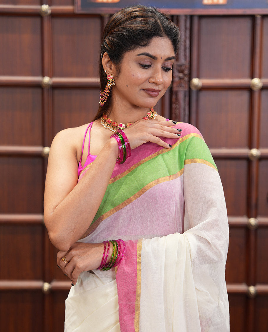 Cream Plain Khadi Mul Cotton Saree, Complemented by Contrast Pink and Green Border, a Self-Pallu, and Has No Blouse