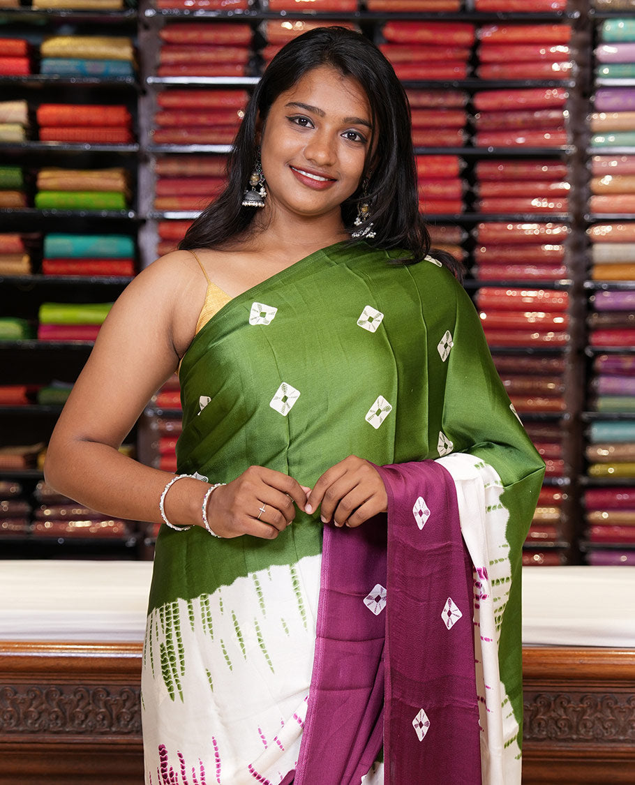 Borderless green, purple & white tri-color dyed & bandhani buttas printed modal satin saree, contrast Shibori-dying pattern blouse