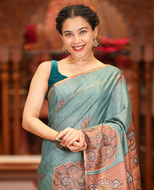 Peacock Blue Fancy Tussar Saree