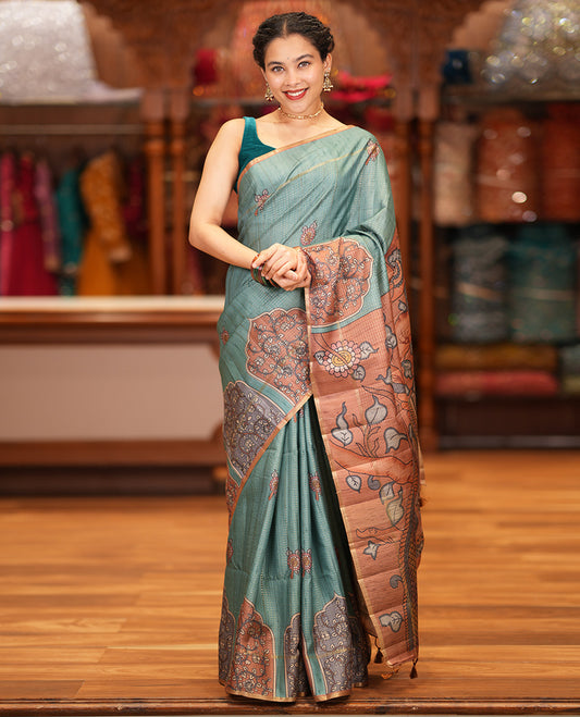 Peacock Blue Fancy Tussar Saree