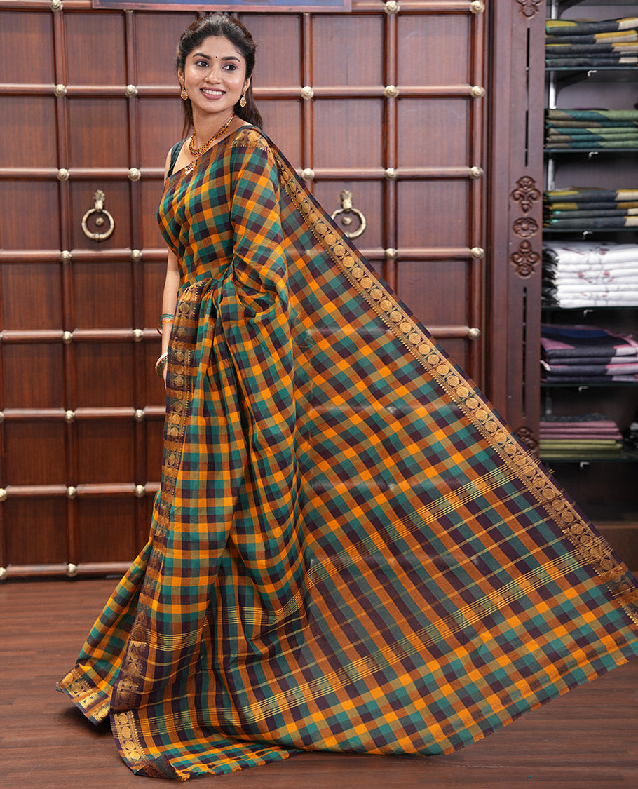 Yellow-Green Chettinad Cotton Saree, Elevated with Madras Checks, a Zari Rudraksham Border, and No Blouse