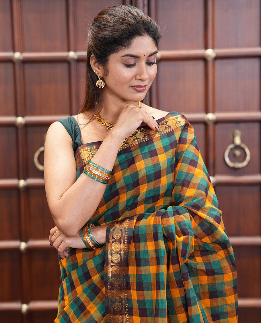 Yellow-Green Chettinad Cotton Saree, Elevated with Madras Checks, a Zari Rudraksham Border, and No Blouse