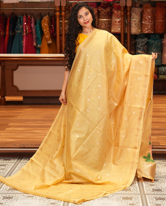 Gold Buttas Fancy Organza Silk Saree, a Zari Border, Paithani Floral-Bird Pallu, a Matching Blouse