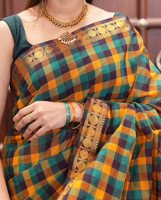 Yellow-Green Chettinad Cotton Saree, Elevated with Madras Checks, a Zari Rudraksham Border, and No Blouse