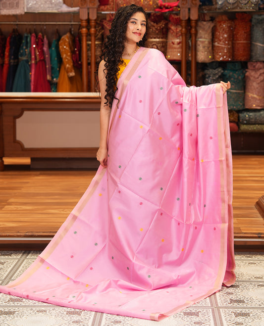 Pink Meena Buttas Fancy Organza Silk Saree, a Zari Border, Paithani Floral-Bird Pallu, Matching Blouse