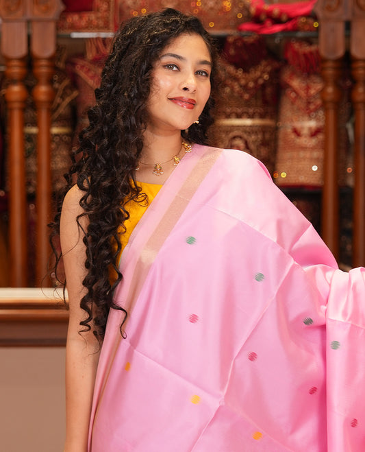 Pink Meena Buttas Fancy Organza Silk Saree, a Zari Border, Paithani Floral-Bird Pallu, Matching Blouse