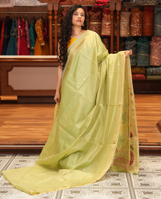 Elachi Green Buttas Fancy Organza Silk Saree, a Zari Border, Paithani Floral Pallu, a Matching Blouse