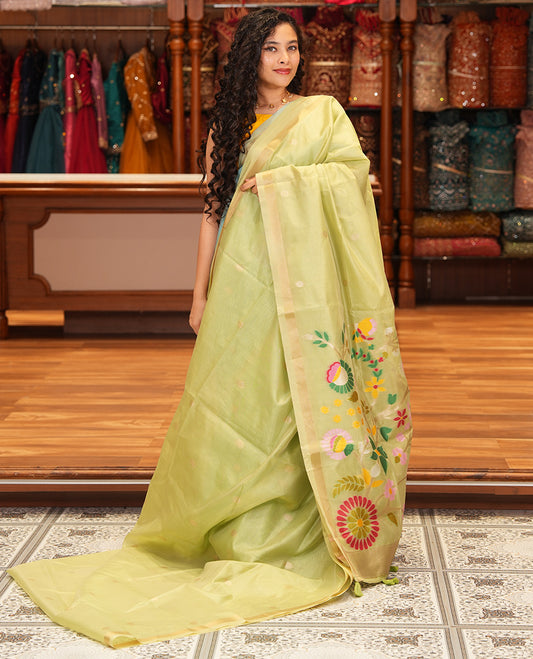 Elachi Green Buttas Fancy Organza Silk Saree, a Zari Border, Paithani Floral Pallu, a Matching Blouse