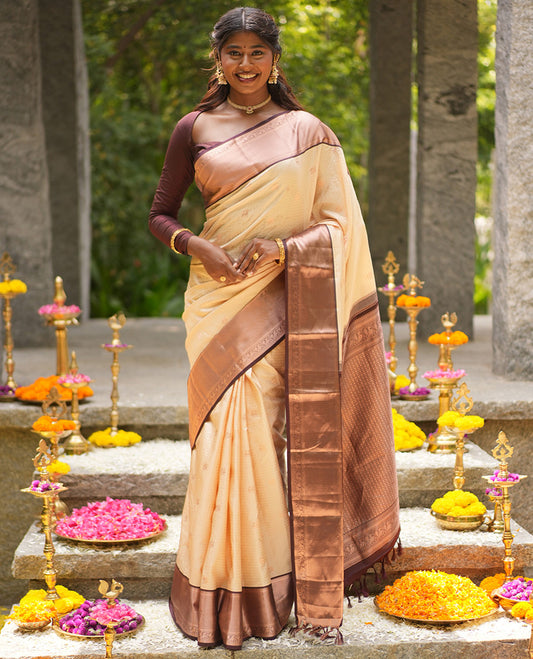 Off-White and Brown Vasundhara Silk Saree
