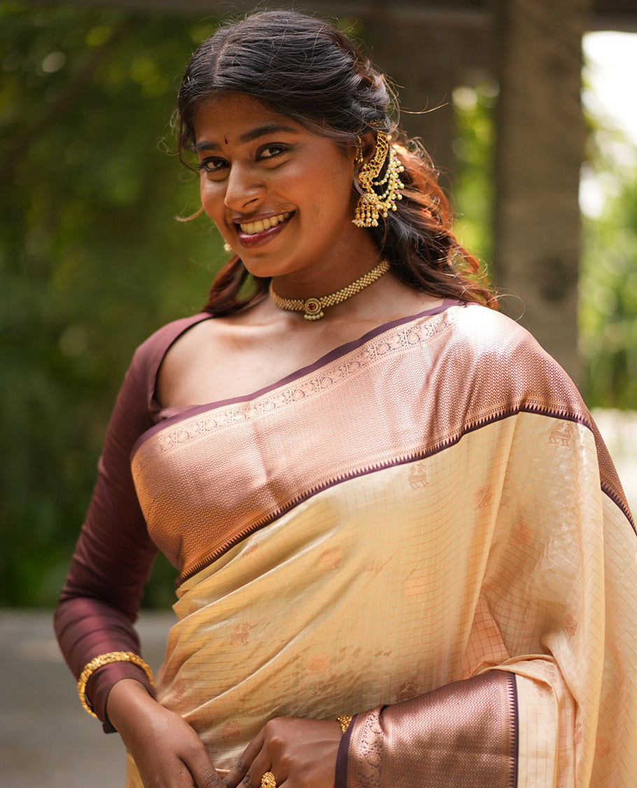 Off-White and Brown Vasundhara Silk Saree