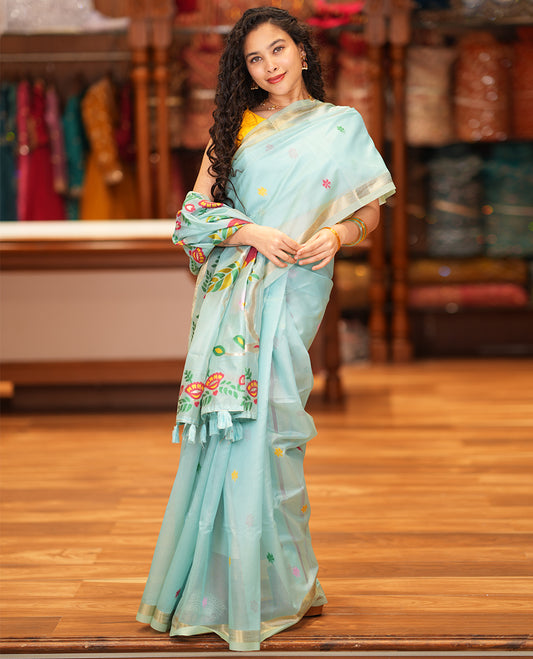 Sky Blue Meena Buttas Fancy Organza Silk Saree, a Zari Border, Paithani Floral-Macaw Pallu, Matching Blouse