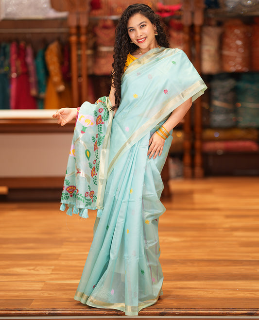 Sky Blue Meena Buttas Fancy Organza Silk Saree, a Zari Border, Paithani Floral-Macaw Pallu, Matching Blouse