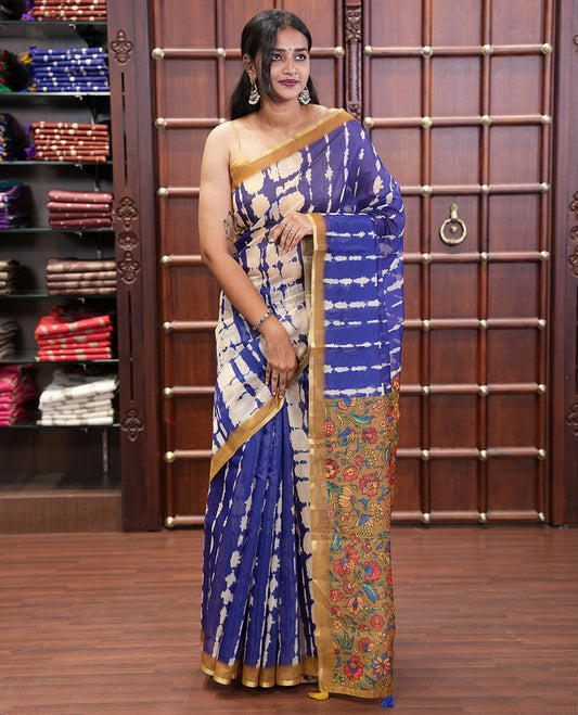 Navy Blue Mercerised Cotton Saree, Embellished with Shibori Printed on Its Body, Complemented by a Contrast Border, Pallu Steeped with Colorful Floral Print, and Paired with a Contrast Printed Blouse