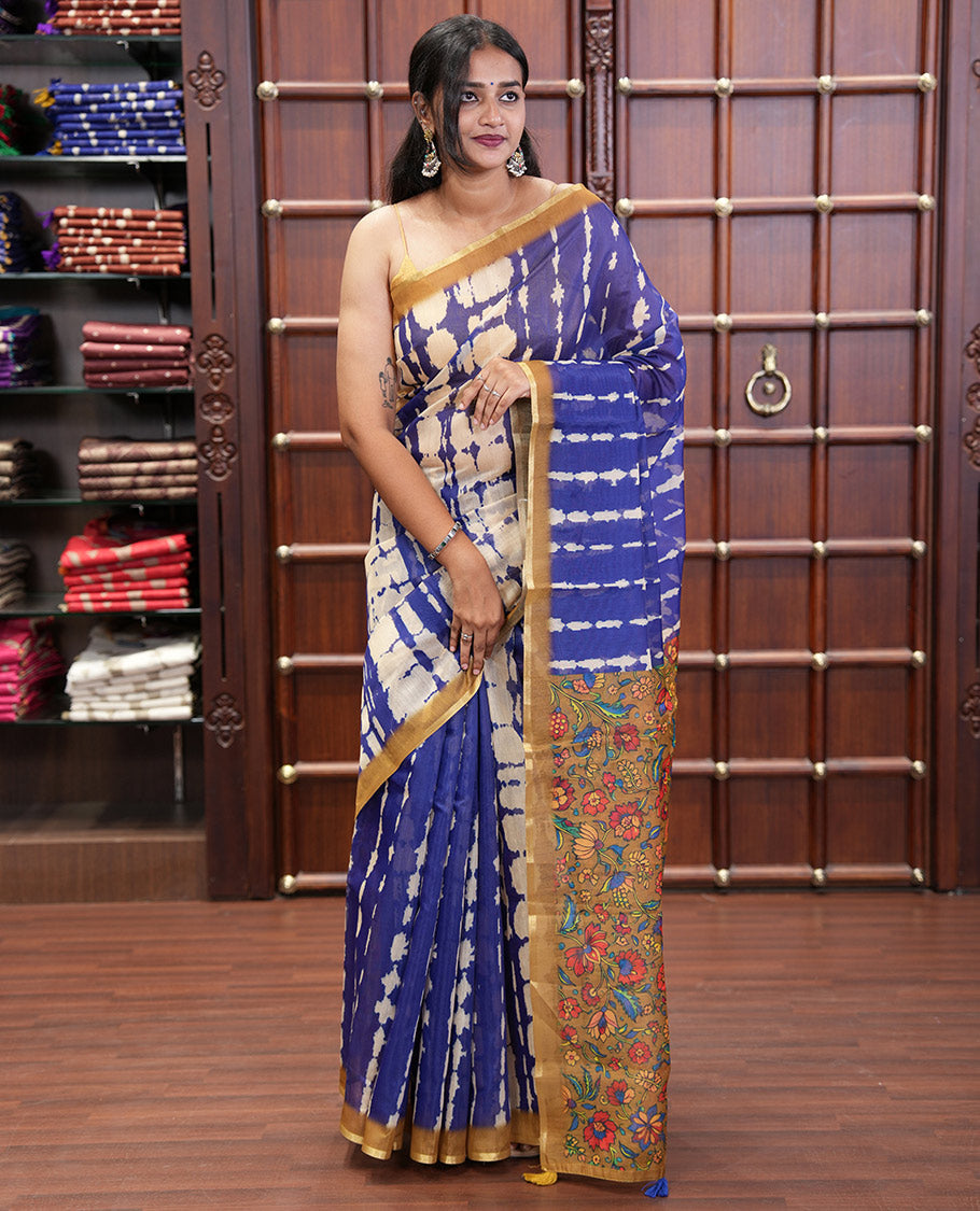 Navy Blue Mercerised Cotton Saree, Embellished with Shibori Printed on Its Body, Complemented by a Contrast Border, Pallu Steeped with Colorful Floral Print, and Paired with a Contrast Printed Blouse
