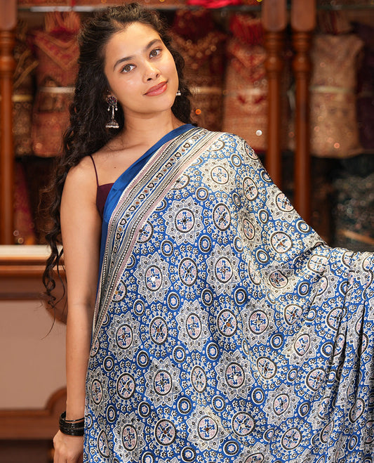 Blue Satin Crepe Saree