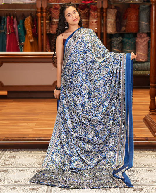 Blue Satin Crepe Saree