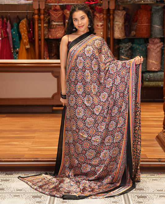 Black Satin Crepe Saree