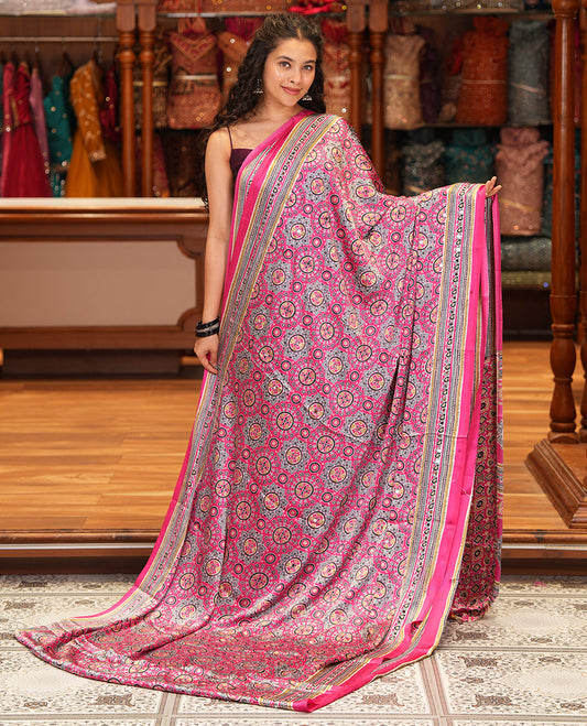 Pink Satin Crepe Saree