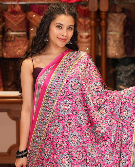 Pink Satin Crepe Saree