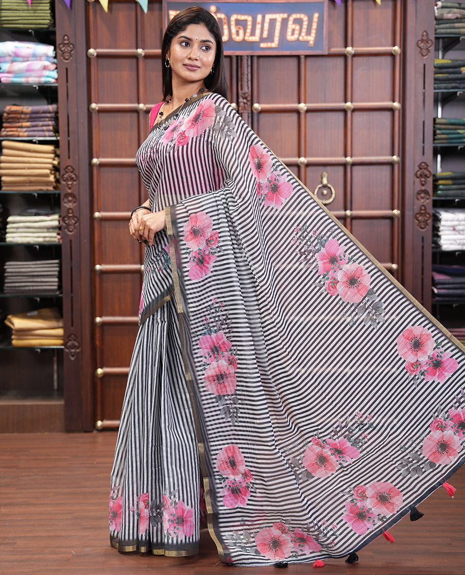 Black Linen Cotton Saree Features Stripes, and Floral Print, a Piping Border, Floral Pallu and a Matching Blouse