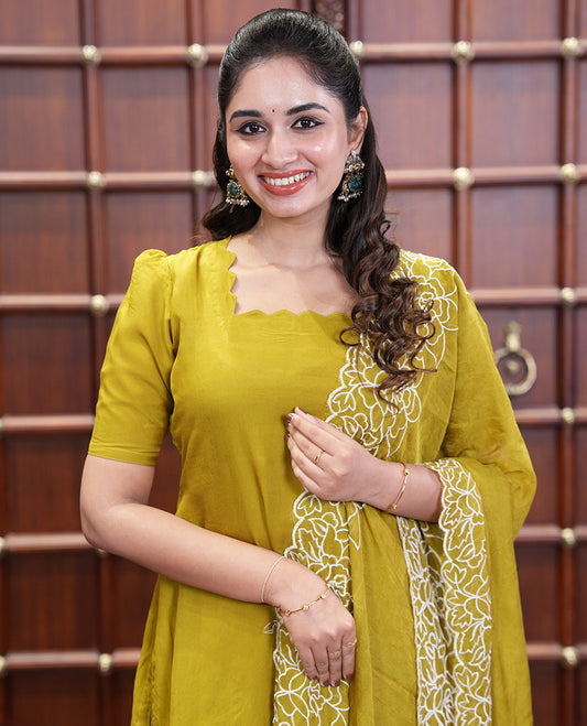 Yellow Organza Crushed Material Churidar Set, Elegantly Adorned with Floral-Themed Thread Embroidery Top, Comes with a Plain Santoon Bottom, and Is Paired with Organza Crushed Dupatta of Floral Thread Embroidery