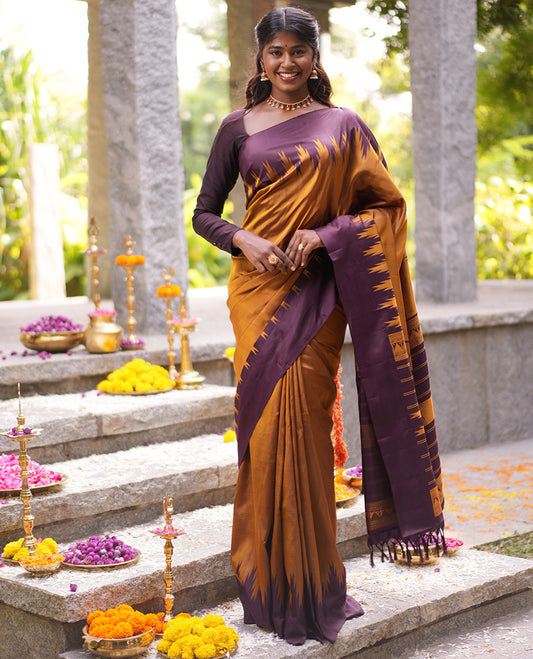 Mustard Golden-Chocolate Brown Plain Vasundhara Silk Saree