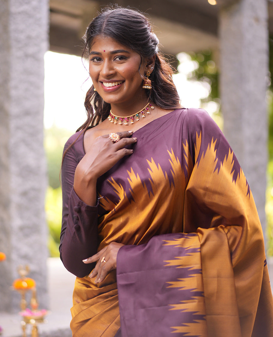 Mustard Golden-Chocolate Brown Plain Vasundhara Silk Saree