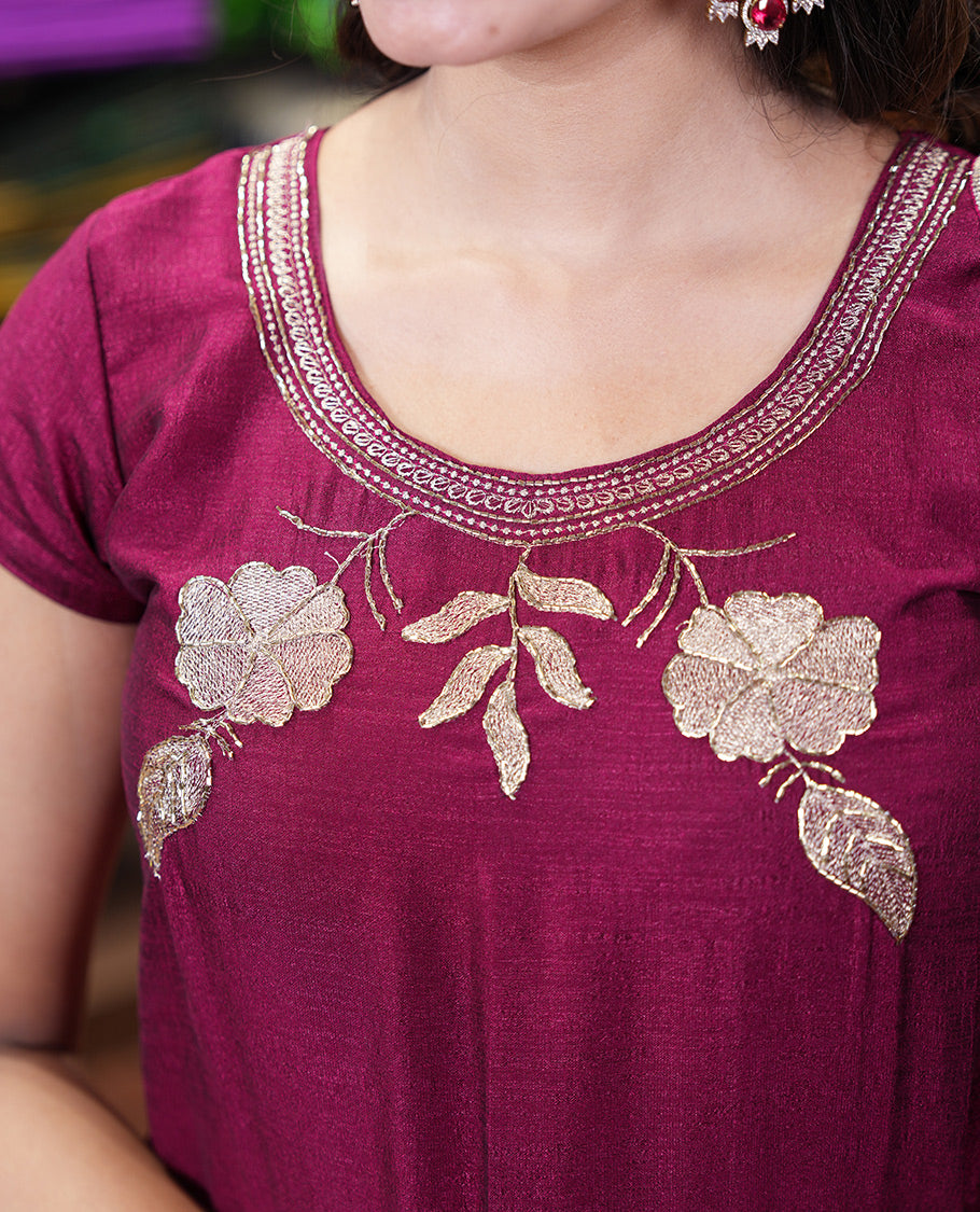 Wine Material Chudidhar Set, Highlighted with an Floral Motifs Embroidered on its Vichitra Silk Top, Plain Santoon Bottom, and Vichitra Silk Dupatta of Leaf Motifs Embroidery