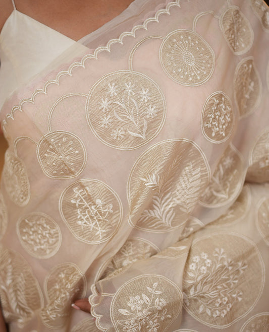 Off-White Organza Saree, Delicately decked Up with Floral Enclosed Circle Motifs Thread Embroidery, Subtle Scallop Border, Delicately Embroidered Pallu, and Paired with a Matching Embroidered Blouse