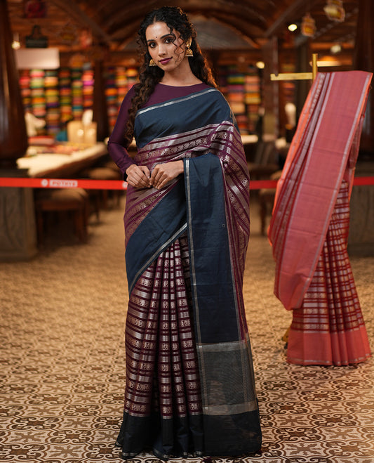 Wine Organza Saree, Richly Zari Detailed with Geometric and Elephant Motifs All Over Its Body, Complemented by Captivating Contrast Zari Border, Zari Decked Up Pallu, and Paired with a Contrast Blouse