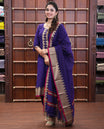 Violet Mercerised Cotton Material Churidar Set, Featuring Plain and Temple Bordered Top, Comes with a Plain Mercerised Cotton Bottom, and Paired with a Mercerised Cotton Temple-Patterned Dupatta