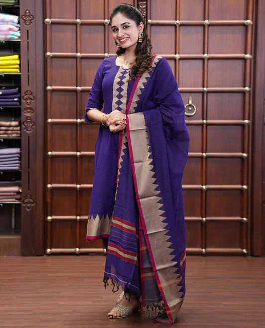 Violet Mercerised Cotton Material Churidar Set, Featuring Plain and Temple Bordered Top, Comes with a Plain Mercerised Cotton Bottom, and Paired with a Mercerised Cotton Temple-Patterned Dupatta