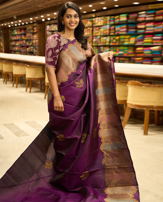 Purple leaf buttas kancheepuram silk saree with self intricate zari design border & jaal design pallu