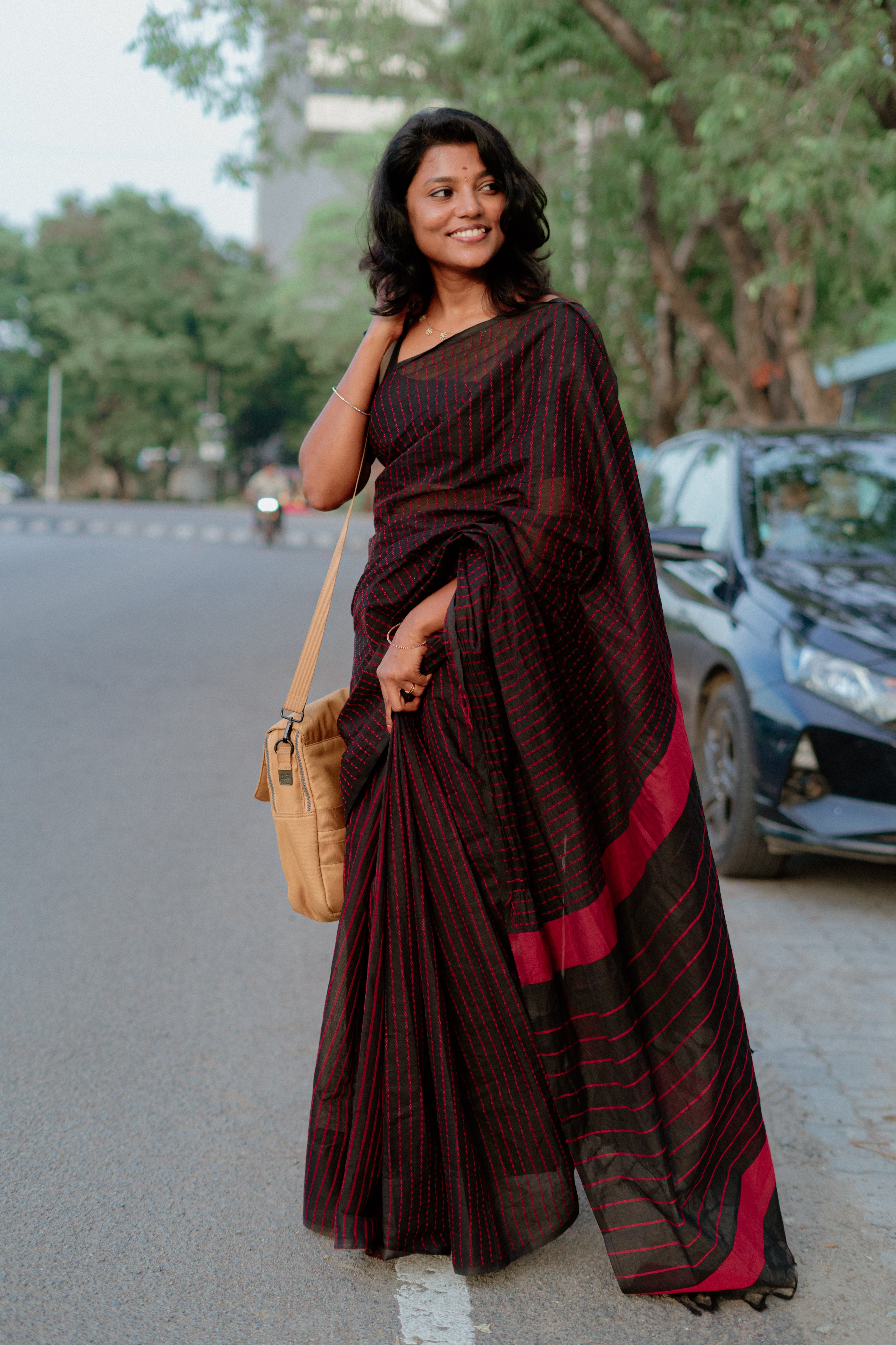 Borderless Black Chettinad Cotton Saree, Subtly Sparkled with Thread Stripes, a Self-Pallu, and No Blouse