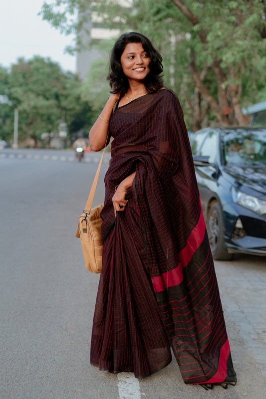 Borderless Black Chettinad Cotton Saree, Subtly Sparkled with Thread Stripes, a Self-Pallu, and No Blouse