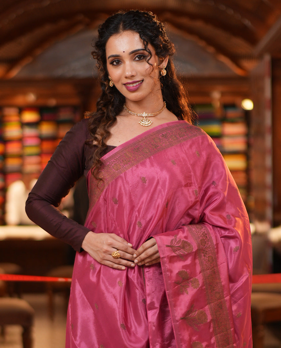 Onion Pink HO-Silk Saree, Elevated with Zari Buttas All Over Its Body, Highlighted by a Self-Border of Floral Designs, Pallu Features Floral Designs, and Paired with a Buttas-woven Blouse