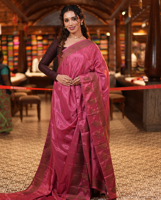 Onion Pink HO-Silk Saree, Elevated with Zari Buttas All Over Its Body, Highlighted by a Self-Border of Floral Designs, Pallu Features Floral Designs, and Paired with a Buttas-woven Blouse